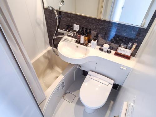 HOTEL LiVEMAX Akasaka GRANDE في طوكيو: حمام صغير مع مرحاض ومغسلة