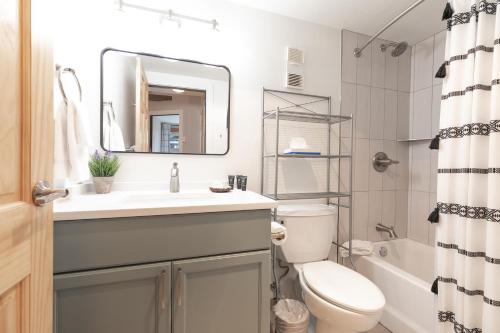 a bathroom with a sink and a toilet and a mirror at Trails End Condo in Breckenridge