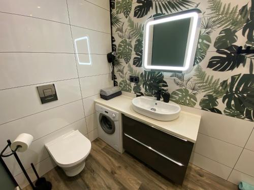 a bathroom with a sink and a toilet and a mirror at Apartament FOCUS DUO in Gdańsk