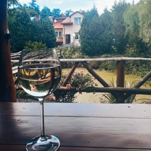 a glass of wine sitting on a wooden table at Gospodarstwo Agroturystyczne Pod Lasem Maria Płazio in Narol