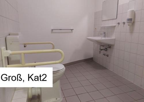 a bathroom with a toilet and a sink at Kiek in AöR Jugendherberge & Hostel in Neumünster