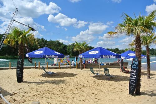 a sandy beach with blue umbrellas and palm trees at Bernsteinsee Hotel&Ferien in Sassenburg