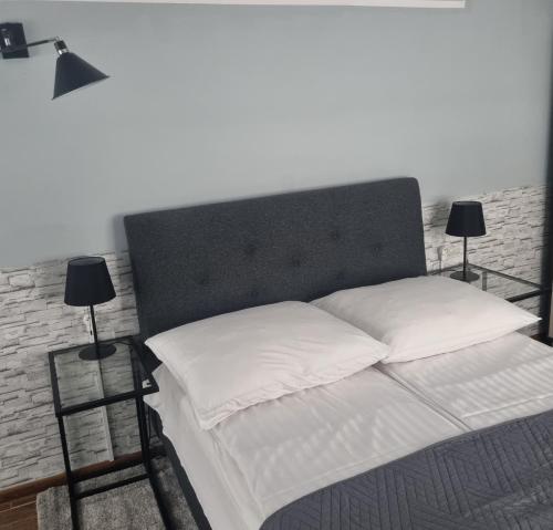 a bedroom with a bed with white sheets and two lamps at Willa Aster in Rewa