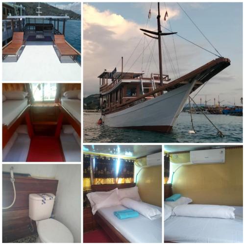 a collage of photos of a boat in the water at Komodo trip in Labuan Bajo