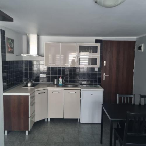 a kitchen with white cabinets and a black tile wall at Willa Aster in Rewa