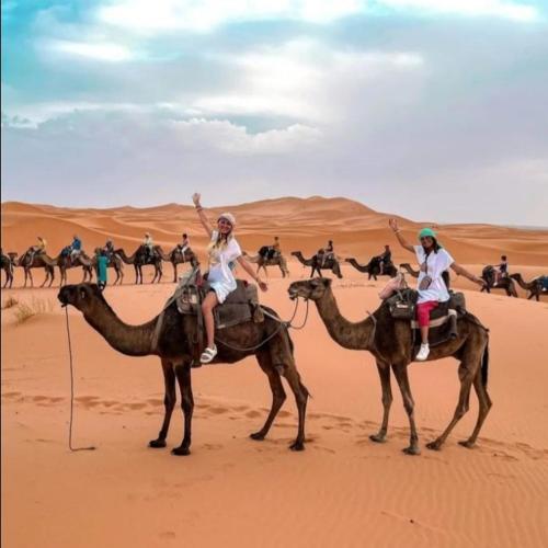 two people riding on camels in the desert at magical saharain camp in Merzouga