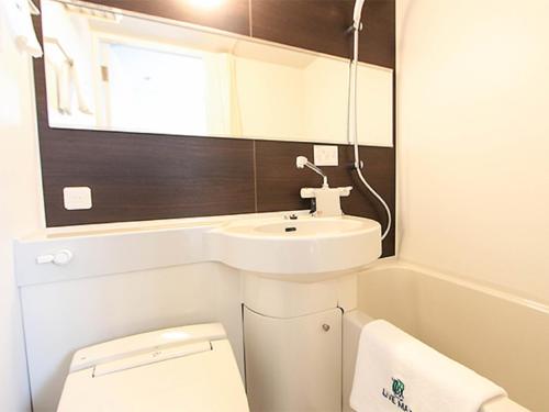 HOTEL LiVEMAX Asakusabashi-Ekimae في طوكيو: حمام مع حوض ومرحاض ومرآة