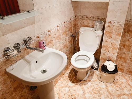 a bathroom with a white toilet and a sink at Villa Natura,a private villa next to a picturesque lake near Vratsa 