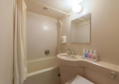 a bathroom with a sink and a toilet and a mirror at HOTEL LiVEMAX Kofu in Kai