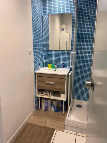 une salle de bain avec un lavabo et un miroir dans l'établissement Studio vue mer au Lydia Playa, au Barcarès