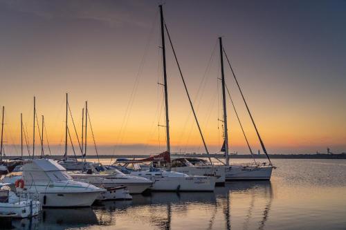 a group of boats docked in the water at sunset at Mera Brise in Mangalia