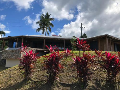 a house with pink plants in front of it at Calypso Bay in Bouillante