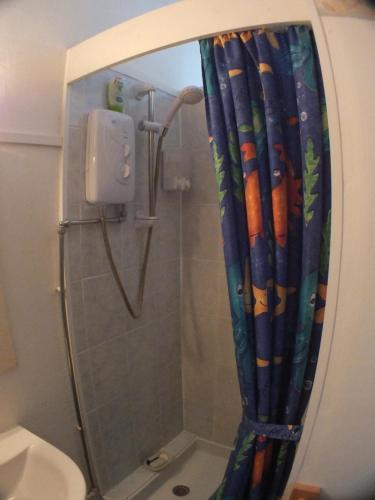 a shower in a bathroom with a shower curtain at La Maison de Poupée in Berrien