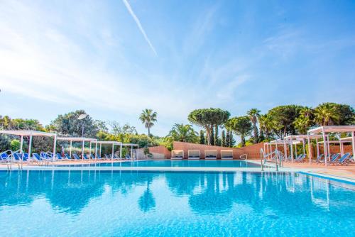 einen großen Pool mit blauen Stühlen und Palmen in der Unterkunft Appartamenti Riva degli Etruschi in San Vincenzo