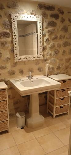 une salle de bain avec un lavabo et un miroir dans l'établissement Maison de Madeleine, à Montpezat-sous-Bauzon