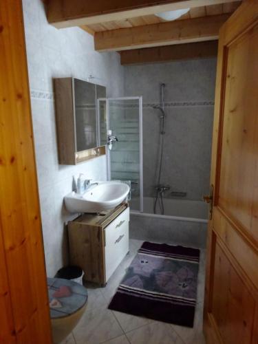 a bathroom with a sink and a bath tub at Biohof Schwanser in Steinbach am Attersee