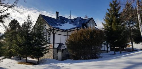 a house with a blue roof in the snow at Vila Jedľa in Smokovce