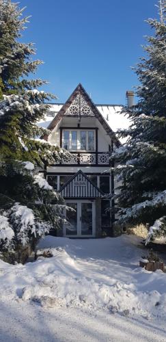 a house in the snow with trees in front of it at Vila Jedľa in Smokovce