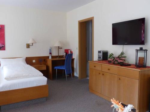 Schlafzimmer mit einem Bett und einem Schreibtisch mit einem TV in der Unterkunft Golf-Appartement Sonnenblick in Neualbenreuth