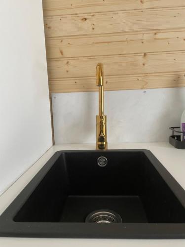 a black kitchen sink with a gold faucet at Mokki kesämökki in Jyväskylä