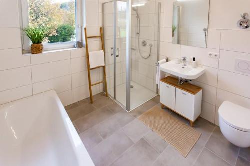 a bathroom with a sink and a shower and a toilet at Große COZY 4-Zi-Whg mit Balkon Nähe Europa Park und Rulantica in Lahr