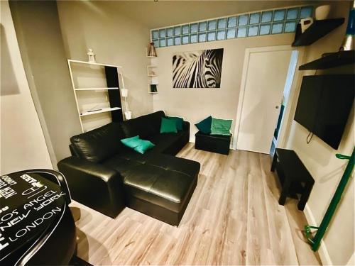 a living room with a black leather couch and a television at FRESH HOME in Turin