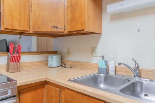 a kitchen with a sink and a counter top at Fairbanks Comfort And Coffee Suite 1 in Fairbanks