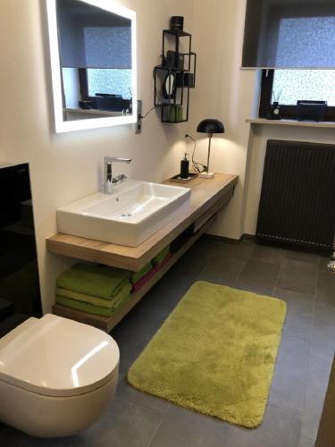 a bathroom with a sink and a toilet and a mirror at Landhaus Keller in Bischofsmais