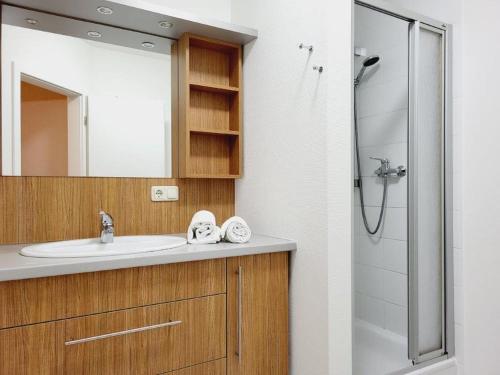 ein Bad mit einem Waschbecken und einer Dusche mit einem Spiegel in der Unterkunft Appartementhaus Ulmenschloesschen in Kühlungsborn