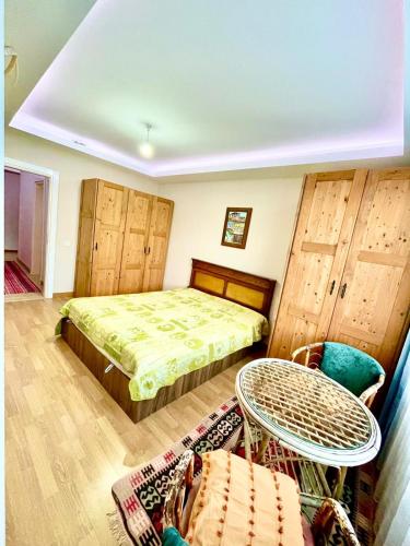 1 dormitorio con 1 cama, mesa y sillas en Lotus en Antalya