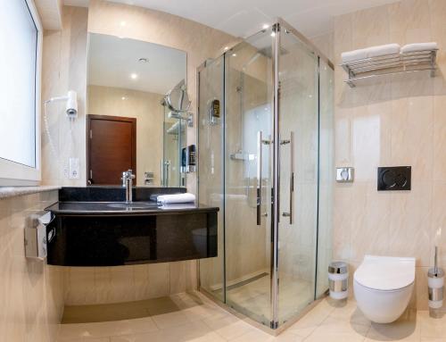 胡爾特的住宿－Palast Hotel，带淋浴、盥洗盆和卫生间的浴室