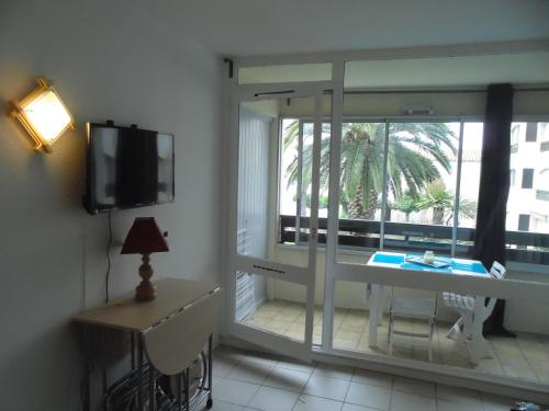 Cette chambre dispose d'une fenêtre, d'une table et d'une télévision. dans l'établissement ARCHE DE NOE 1, au Cap d'Agde