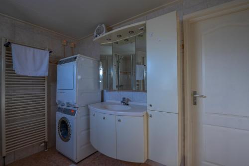 y baño con lavabo y lavadora. en Chalet Roma 238, en Sint Annaland
