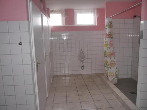 a bathroom with a urinal and a tiled shower at Familienurlaub auf dem Land - haustierfreundlich - 10 Minuten von Templin in Milmersdorf