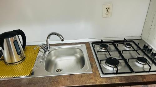 a kitchen counter with a sink and a stove at Garsoniera centru pietonal in Târgu Jiu