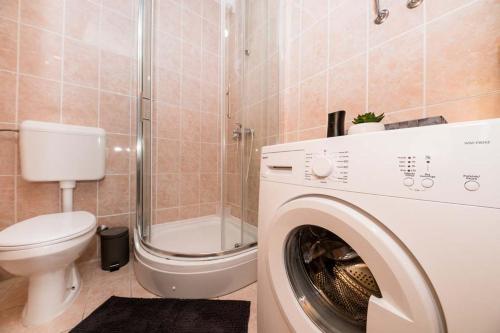 une salle de bains avec lave-linge et toilettes dans l'établissement Apartmani Luka, à Rab