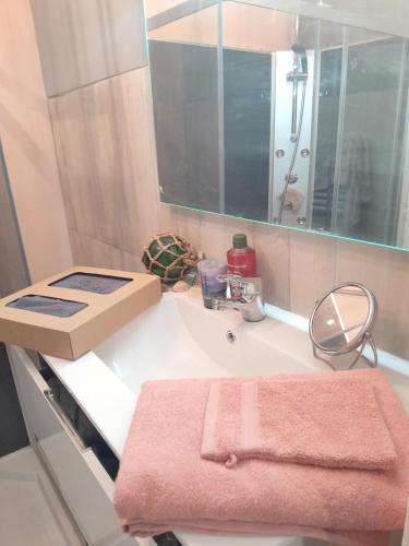 - une salle de bains avec une serviette rose sur un lavabo dans l'établissement Maison confortable à Loches + Jardin spacieux, à Loches