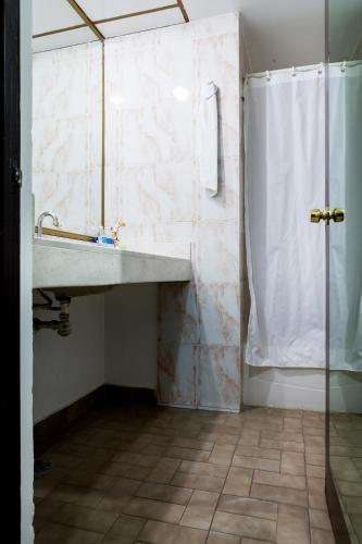 a bathroom with a sink and a shower at Hotel Raldos Inn in Salamanca