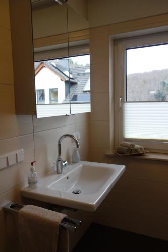 un lavandino bianco in un bagno con finestra di Ferienhaus Hinterlandswald a Schlangenbad