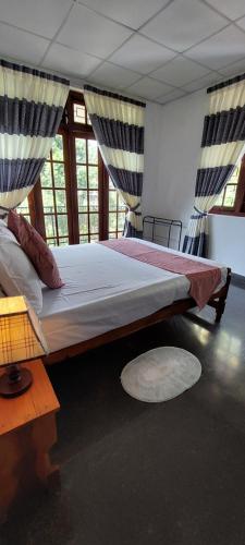 ein großes Bett in einem Zimmer mit Fenstern in der Unterkunft The Comfort in Kandy