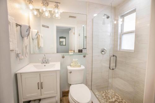 a bathroom with a toilet and a sink and a shower at Hotel SOL in St Pete Beach