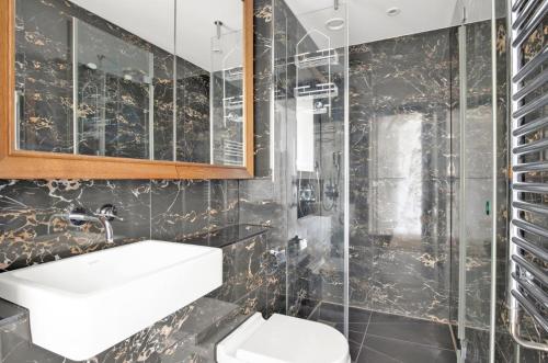 La salle de bains est pourvue de toilettes, d'un lavabo et d'une douche. dans l'établissement ShyTower, à Londres