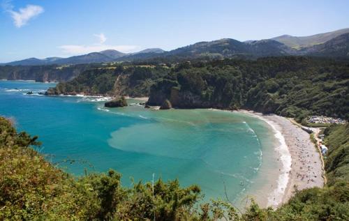 a view of a beach with blue water and trees at La Salina - Complejo Turistico Rural CaleaCabo in Biescas