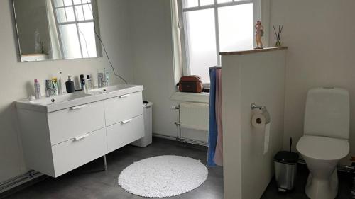 y baño con lavabo, aseo y espejo. en Manus Ferienwohnung, en Brevik
