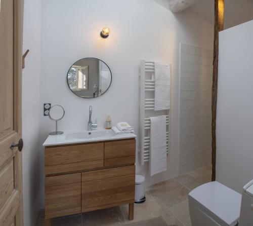 een badkamer met een wastafel en een spiegel bij Maison au pied des collines du Luberon à Lourmarin hameau des Lointes Bastides in Lourmarin