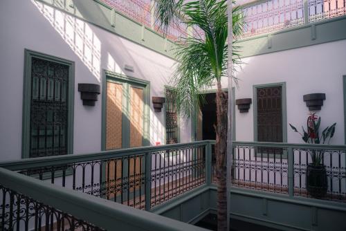 a balcony with a palm tree next to a building at Riad Lalla Mimouna in Marrakech