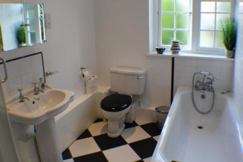 a bathroom with a sink and a toilet and a tub at Moleside Cottage in Marden