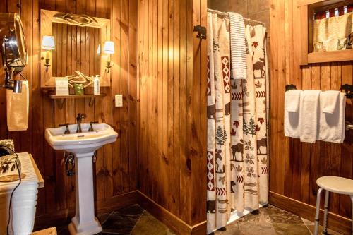 La salle de bains en bois est pourvue d'un lavabo et d'une douche. dans l'établissement Finger Lakes Lodging, à Skaneateles