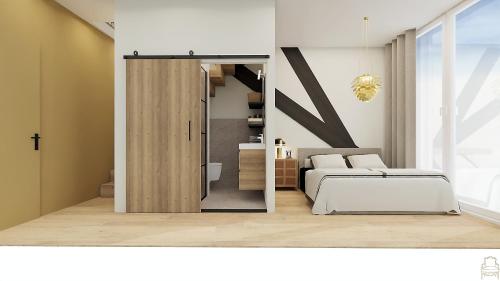 um quarto com uma cama e uma porta de correr em Residentie d'Ouwe Kercke em Terneuzen