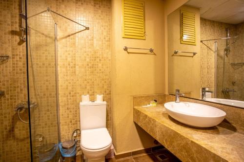 a bathroom with a toilet and a sink and a shower at Olive Garden Hotel in İznik